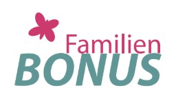 Logo der Webseite 'Familienbonus', in pink und grün, Schmetterling links oben